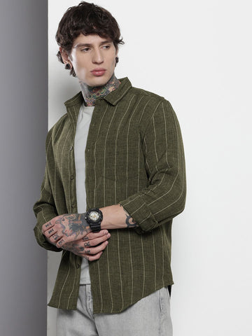 Men's Olive Slim Fit Striped Casual Shirt