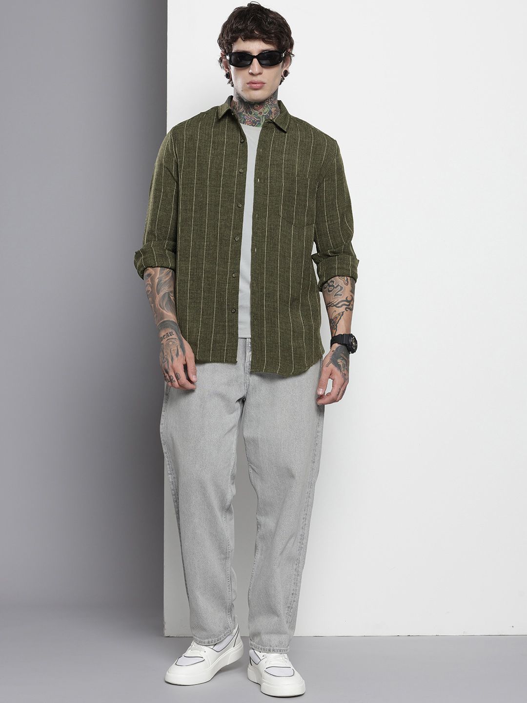 Men's Olive Slim Fit Striped Casual Shirt