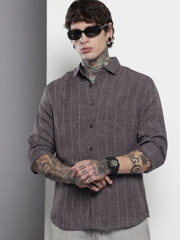 Men's Grey Slim Fit Striped Casual Shirt