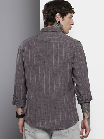 Men's Grey Slim Fit Striped Casual Shirt