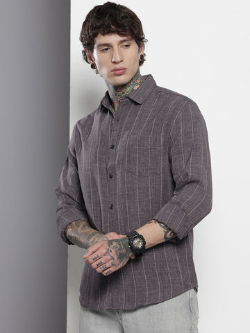 Men's Grey Slim Fit Striped Casual Shirt