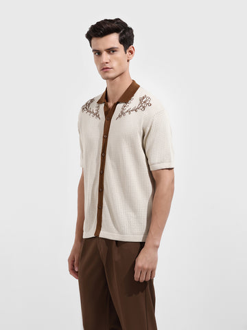 Men's Cream Oversized Fit Textured Flat Knit Shirt