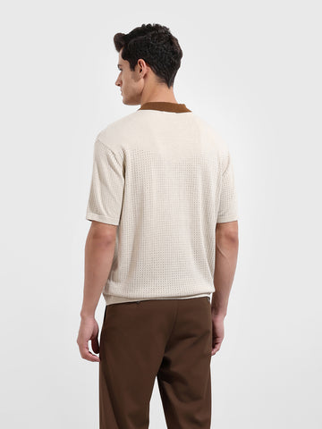 Men's Cream Oversized Fit Textured Flat Knit Shirt