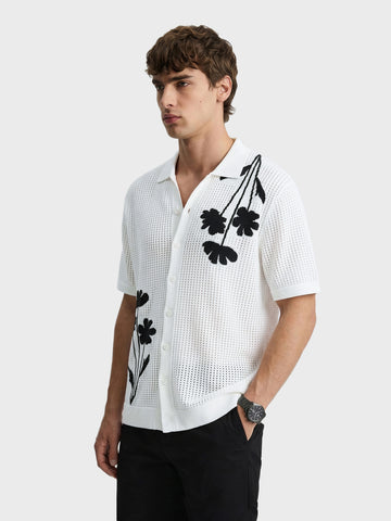 Men's White Oversized Fit Flat Knit Textured Shirt