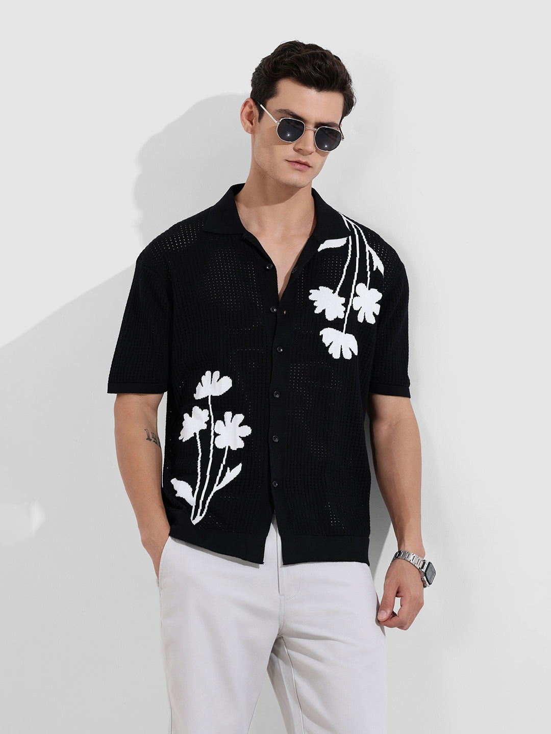 Men's Black Oversized Fit Flat Knit Textured Shirt