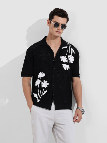 Men's Black Oversized Fit Flat Knit Textured Shirt
