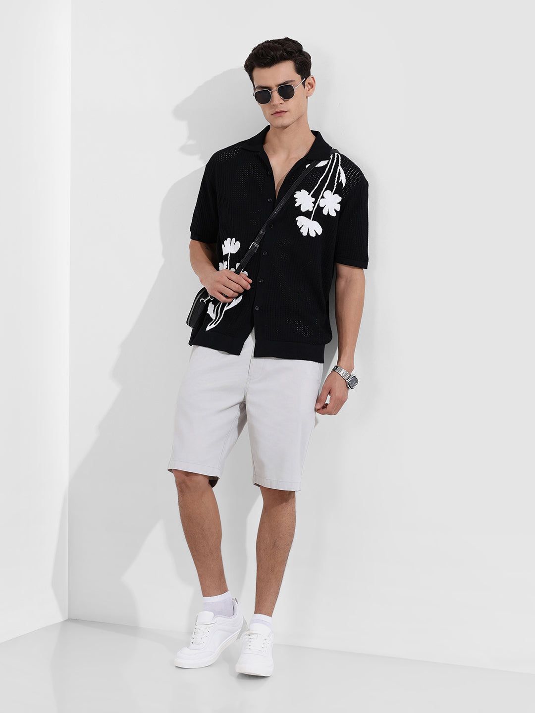 Men's Black Oversized Fit Flat Knit Textured Shirt