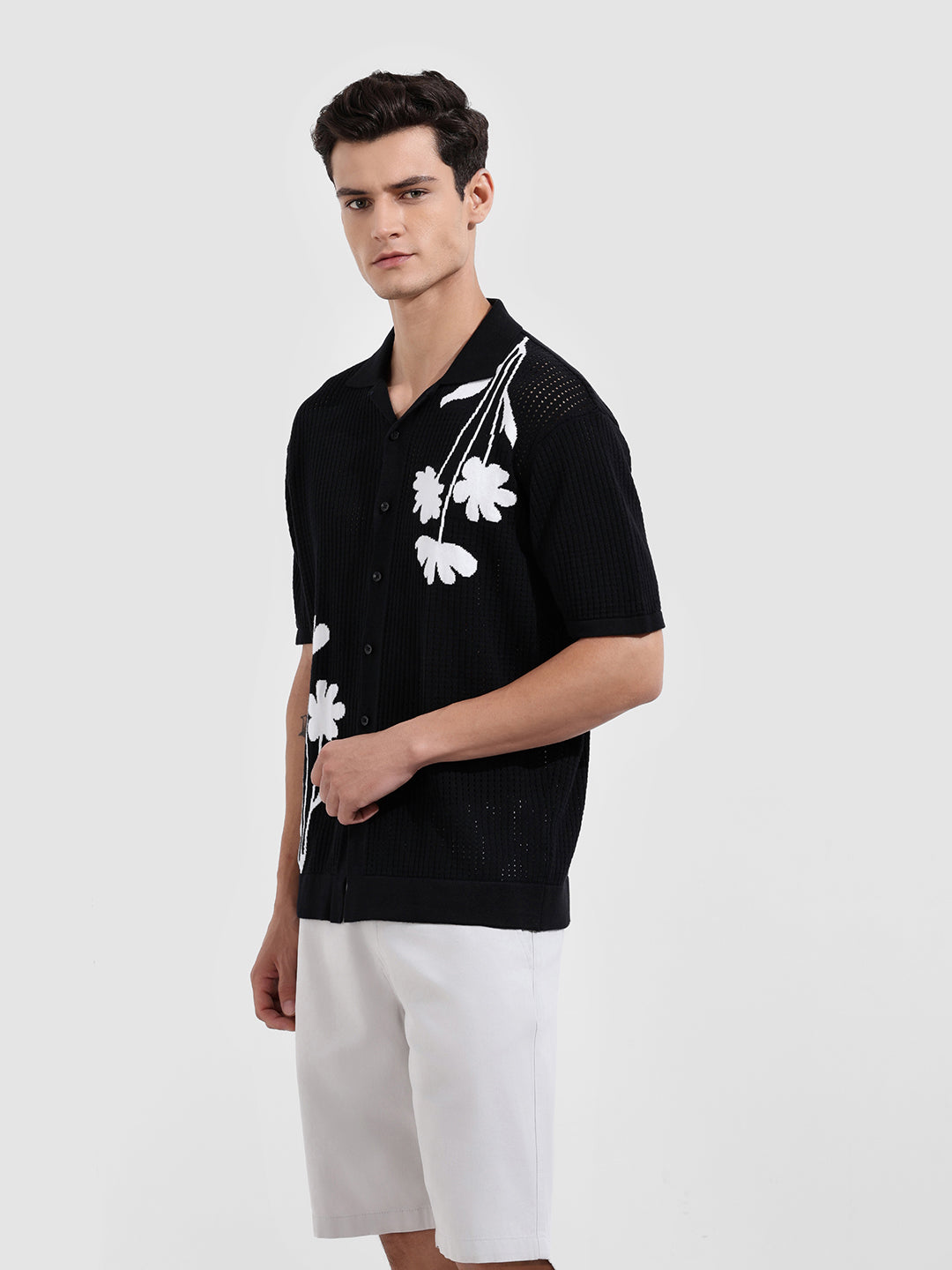 Men's Black Oversized Fit Flat Knit Textured Shirt