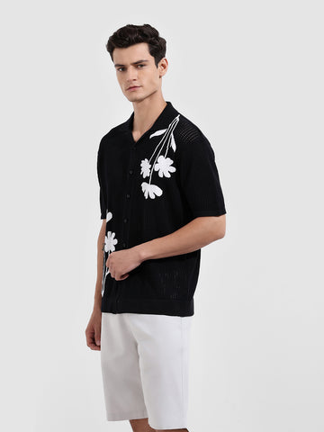 Men's Black Oversized Fit Flat Knit Textured Shirt