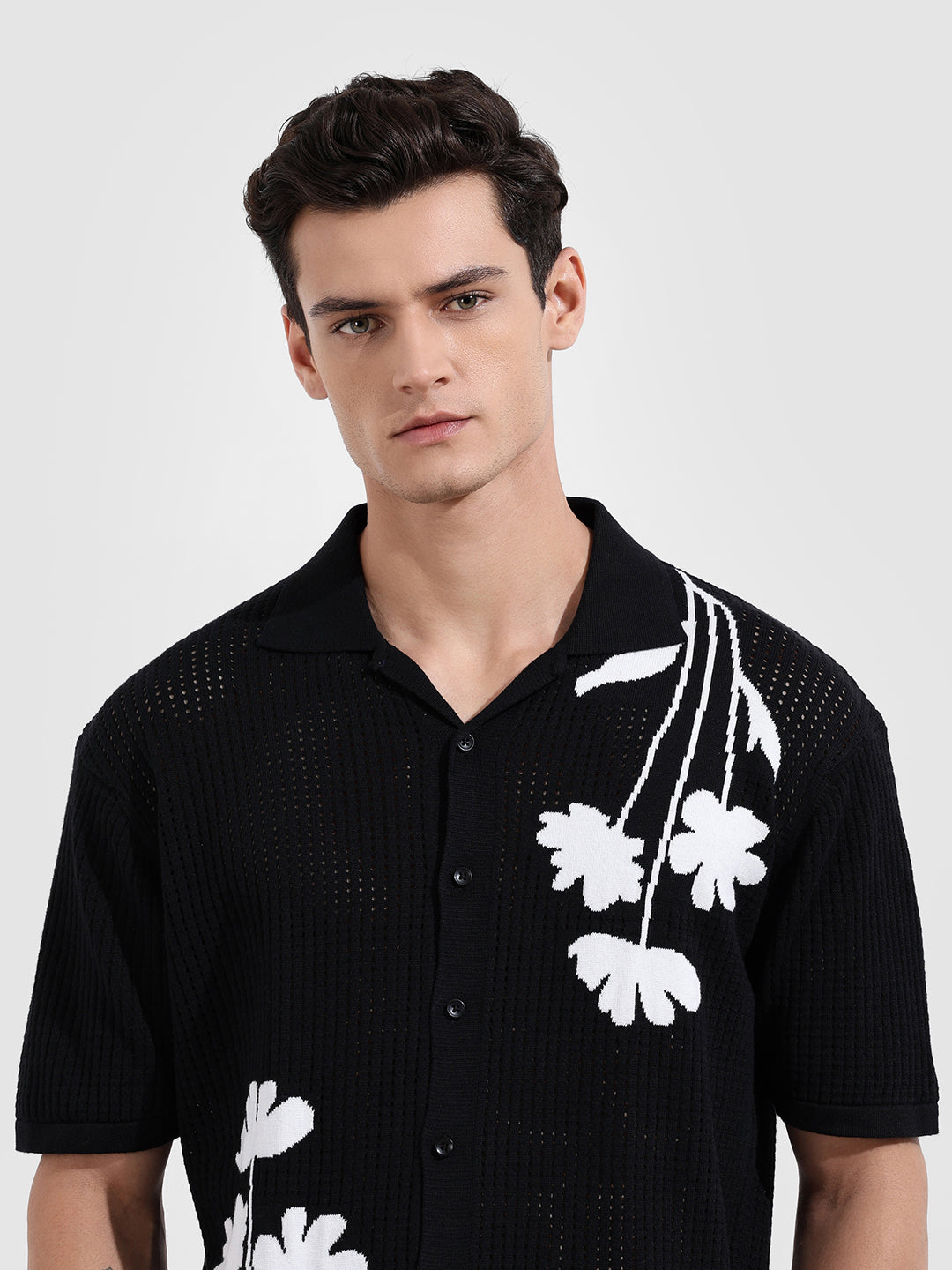 Men's Black Oversized Fit Flat Knit Textured Shirt