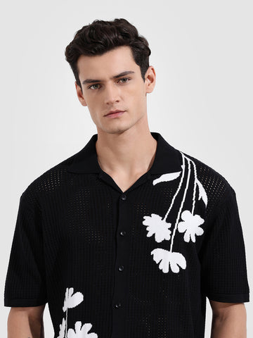 Men's Black Oversized Fit Flat Knit Textured Shirt