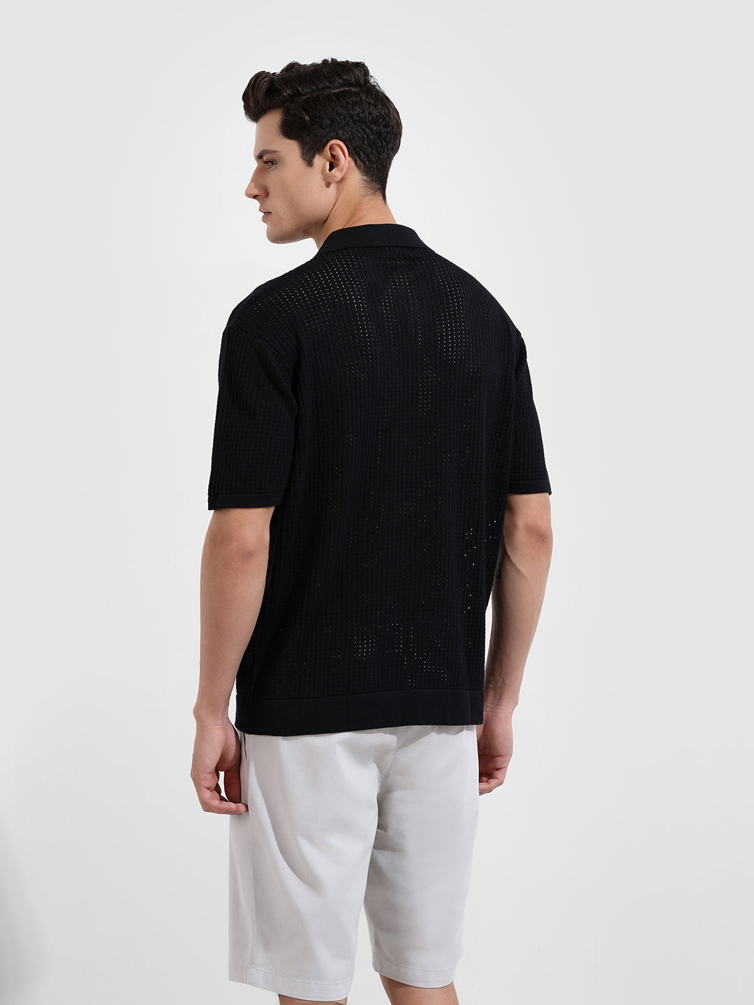 Men's Black Oversized Fit Flat Knit Textured Shirt