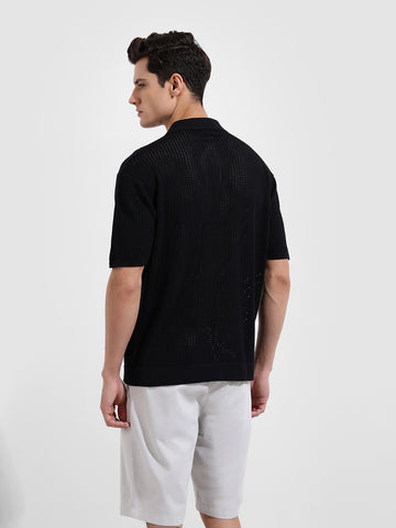 Men's Black Oversized Fit Flat Knit Textured Shirt
