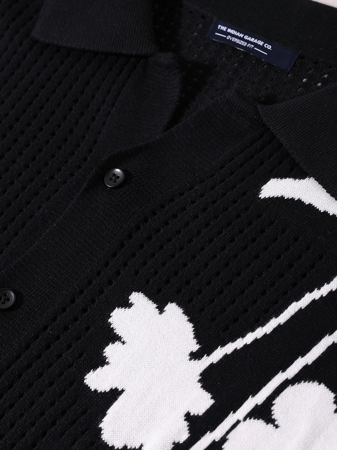 Men's Black Oversized Fit Flat Knit Textured Shirt