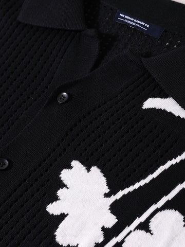 Men's Black Oversized Fit Flat Knit Textured Shirt