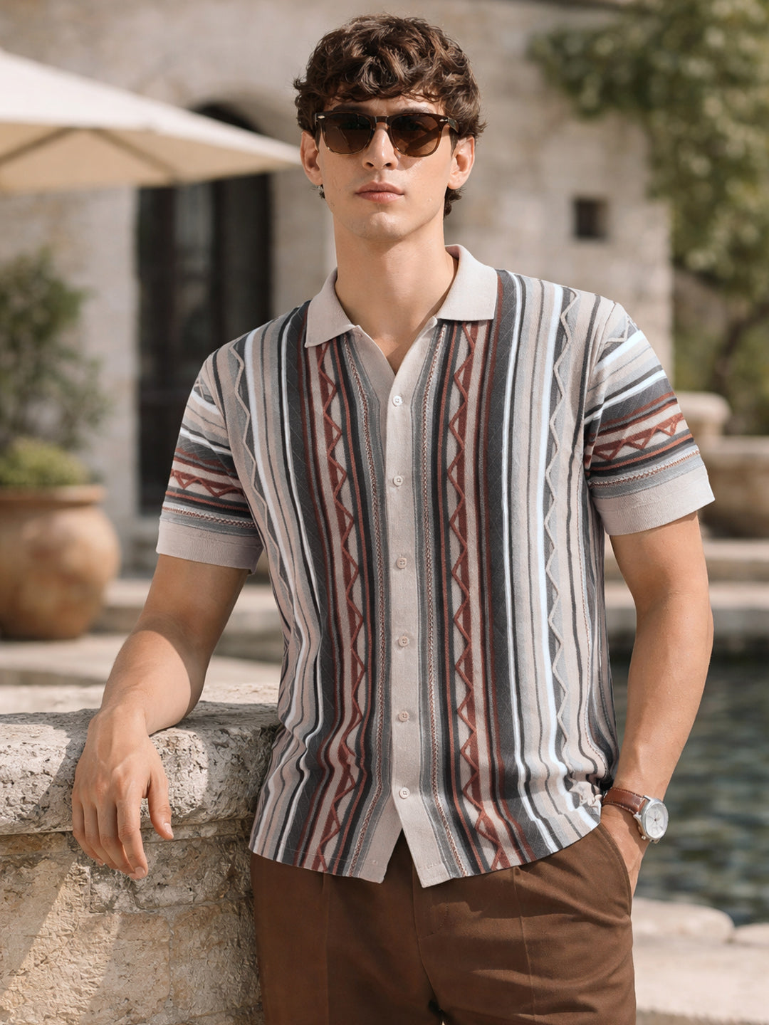 Men's Beige Slim Fit Textured Flat Knit Shirt