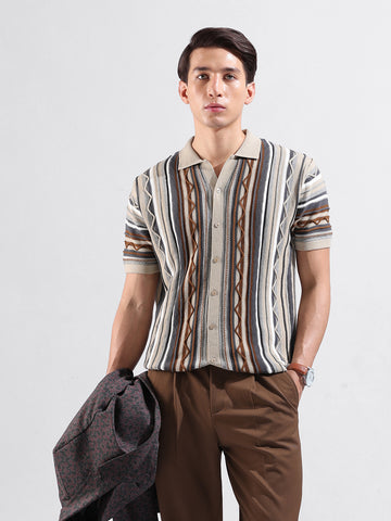 Men's Beige Slim Fit Textured Flat Knit Shirt