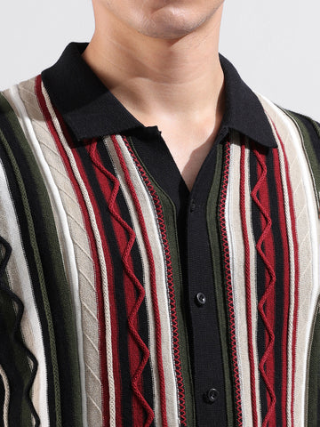 Men's Black Slim Fit Textured Flat Knit Shirt