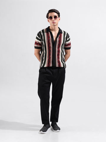 Men's Black Slim Fit Textured Flat Knit Shirt
