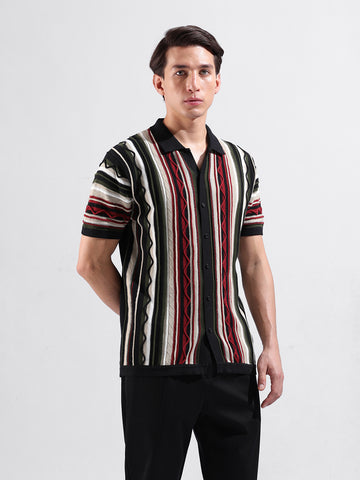 Men's Black Slim Fit Textured Flat Knit Shirt