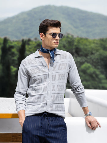 Men's Grey Slim Fit Flat Knit Textured Shirt