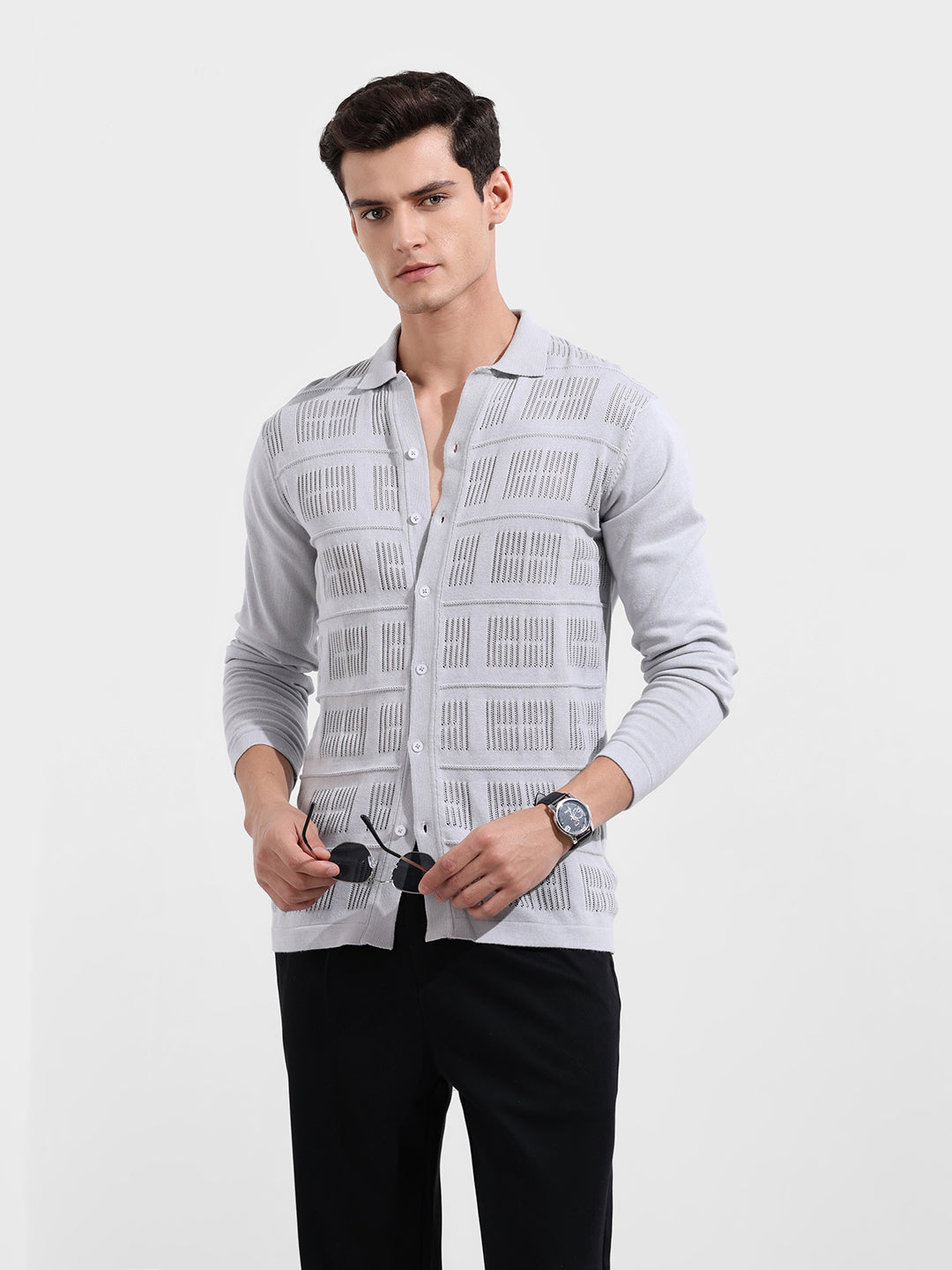 Men's Grey Slim Fit Flat Knit Textured Shirt