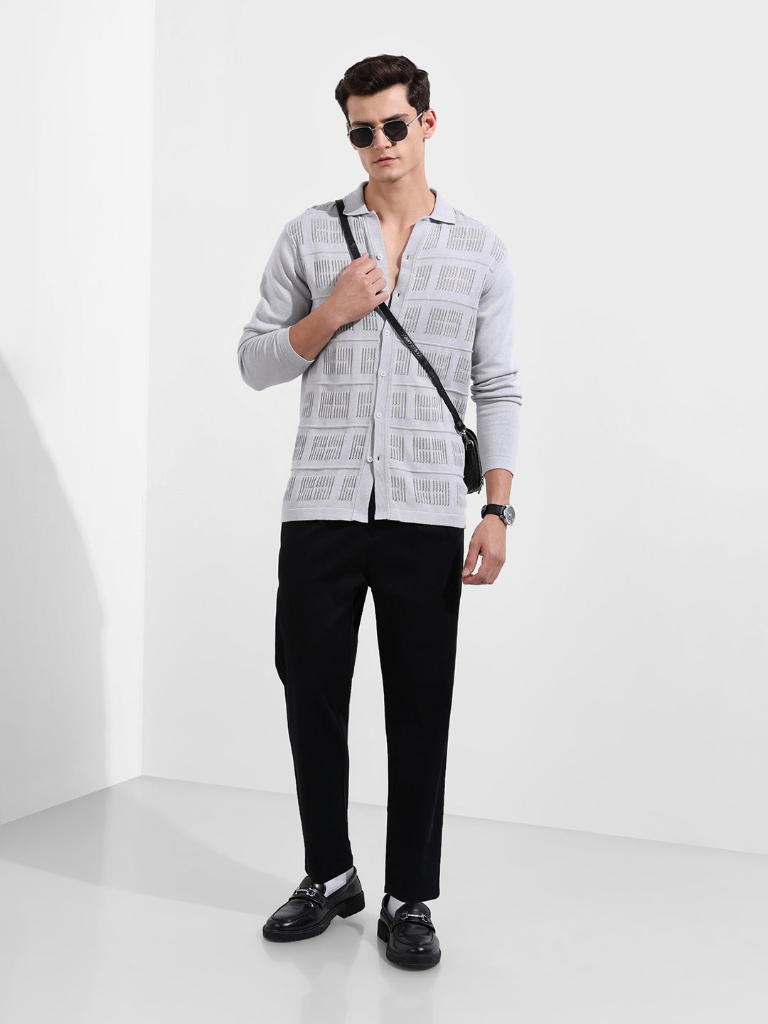 Men's Grey Slim Fit Flat Knit Textured Shirt