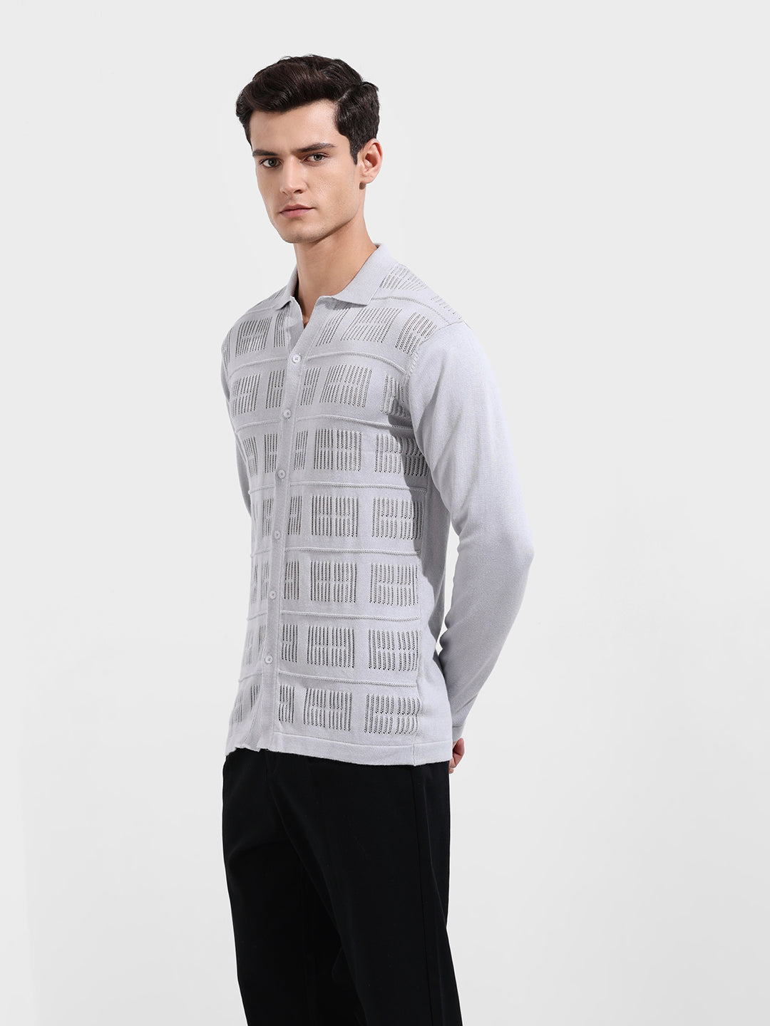 Men's Grey Slim Fit Flat Knit Textured Shirt