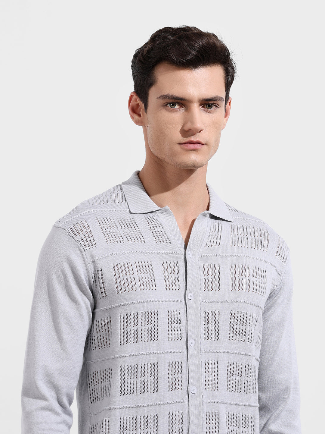 Men's Grey Slim Fit Flat Knit Textured Shirt
