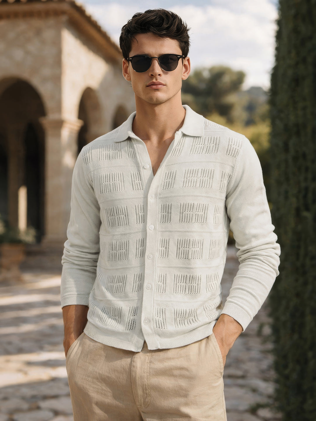 Men's Green Slim Fit Flat Knit Textured Shirt