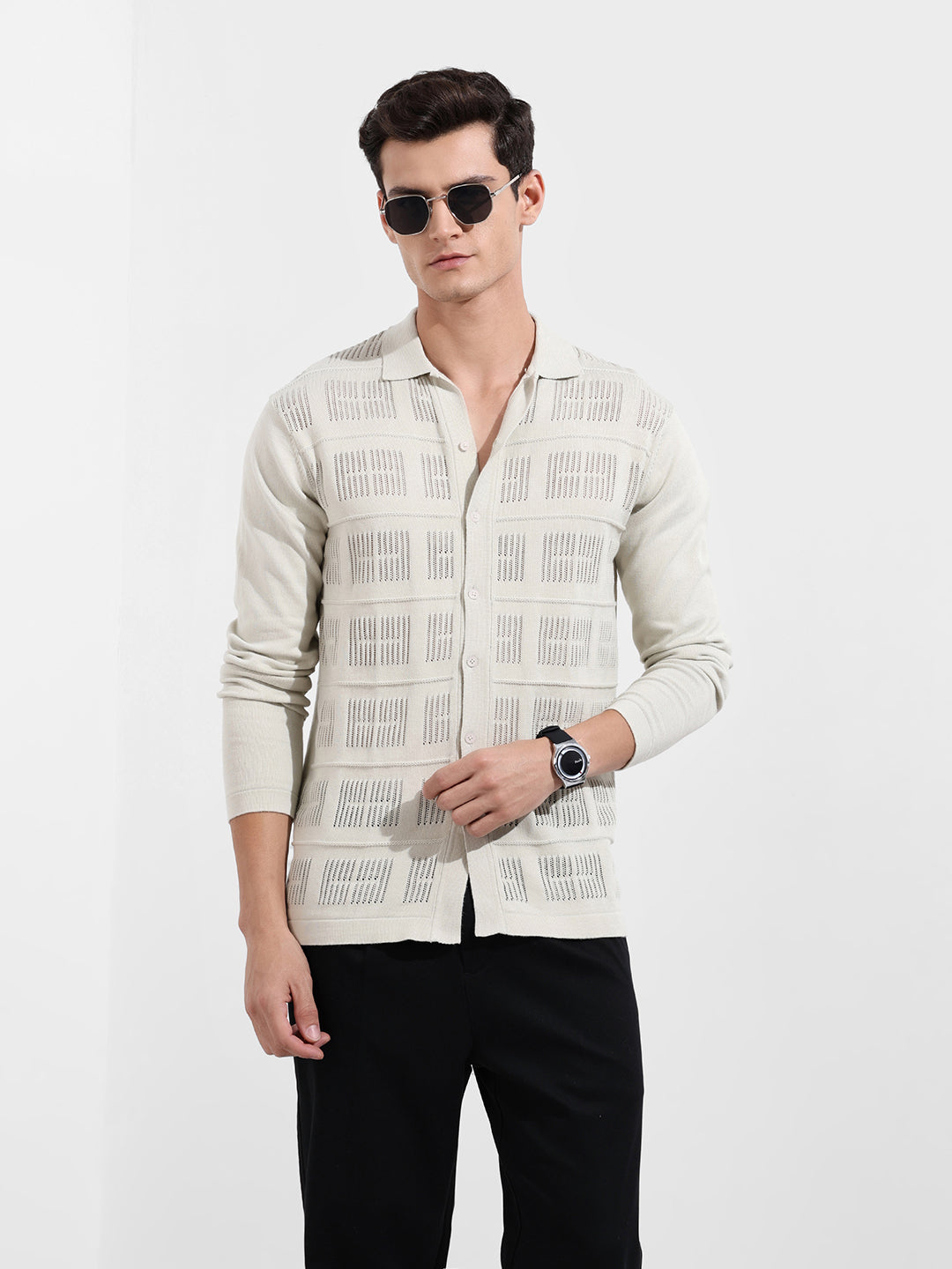 Men's Green Slim Fit Flat Knit Textured Shirt