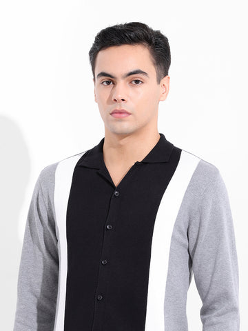Men's Black Slim Fit Textured Flat Knit Shirt