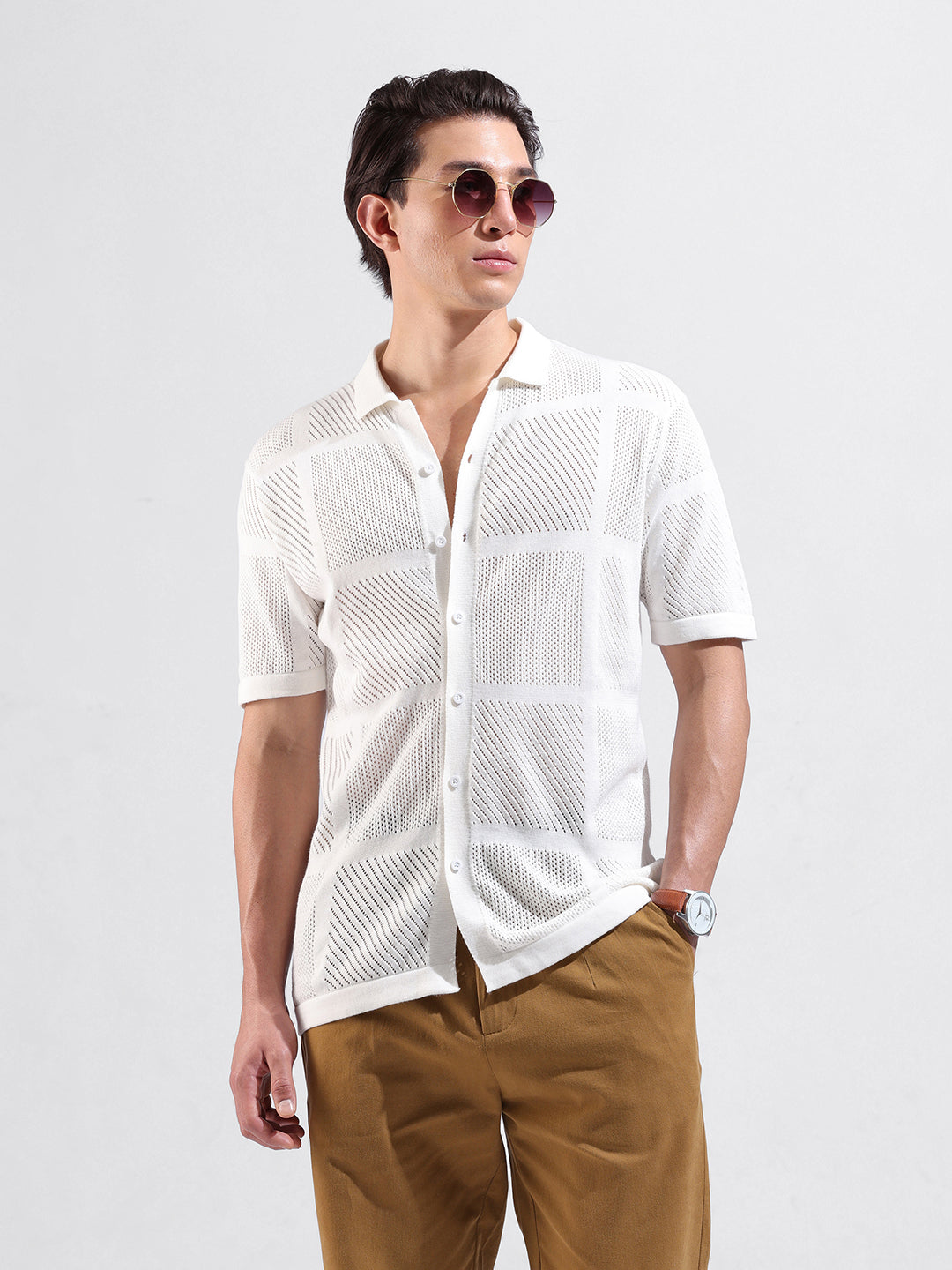 Men's White Slim Fit Textured Flat Knit Shirt