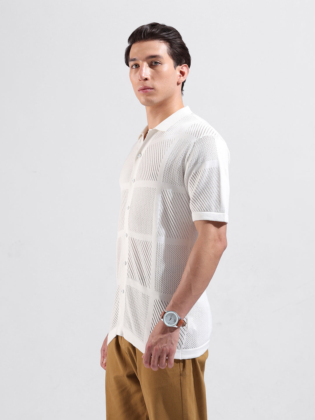 Men's White Slim Fit Textured Flat Knit Shirt