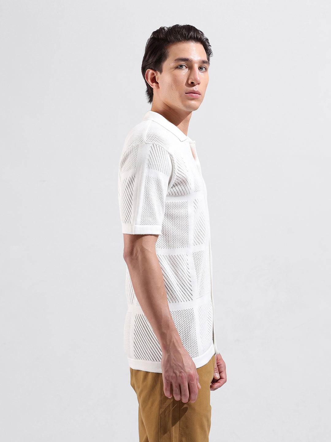 Men's White Slim Fit Textured Flat Knit Shirt