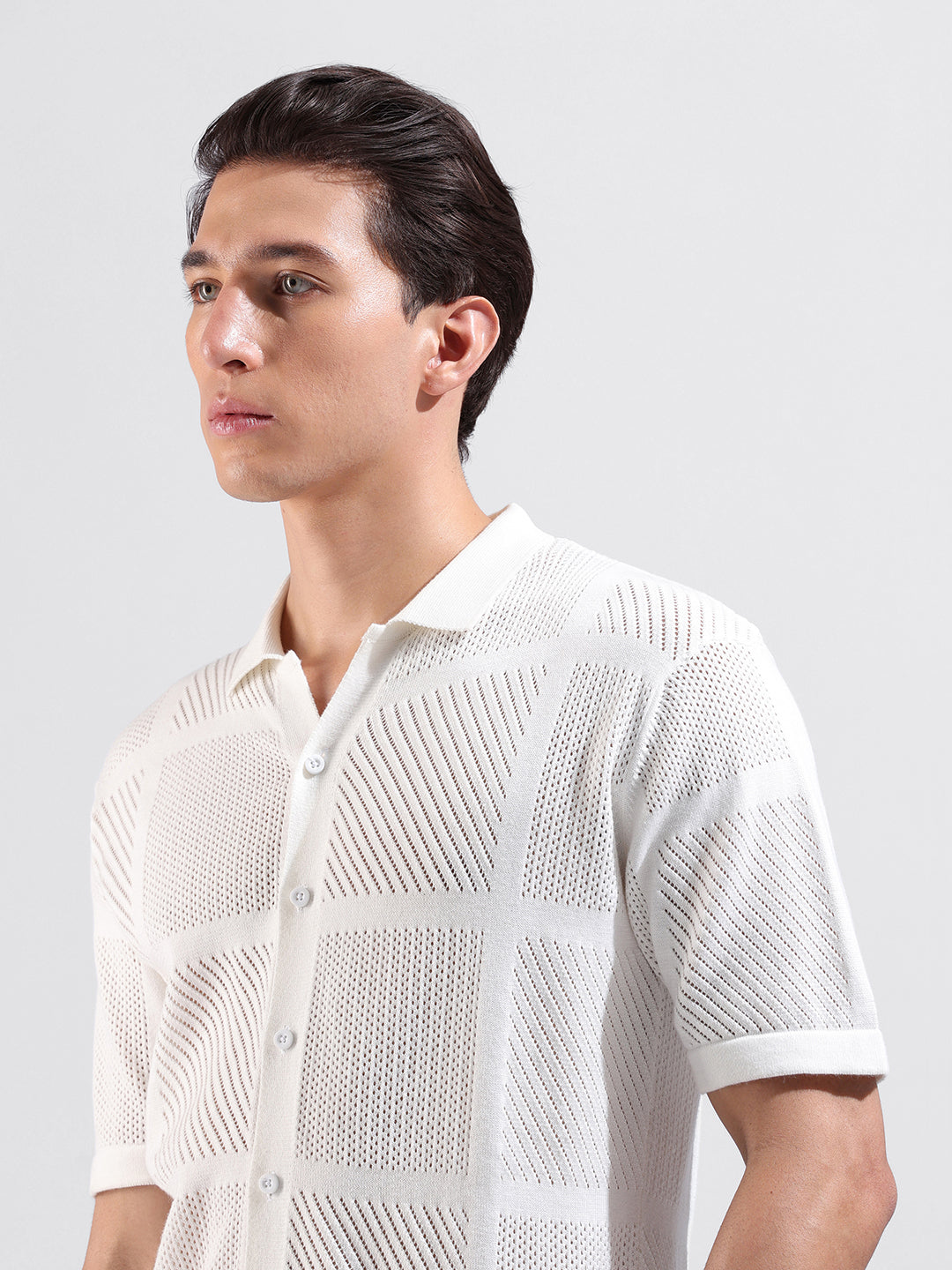Men's White Slim Fit Textured Flat Knit Shirt