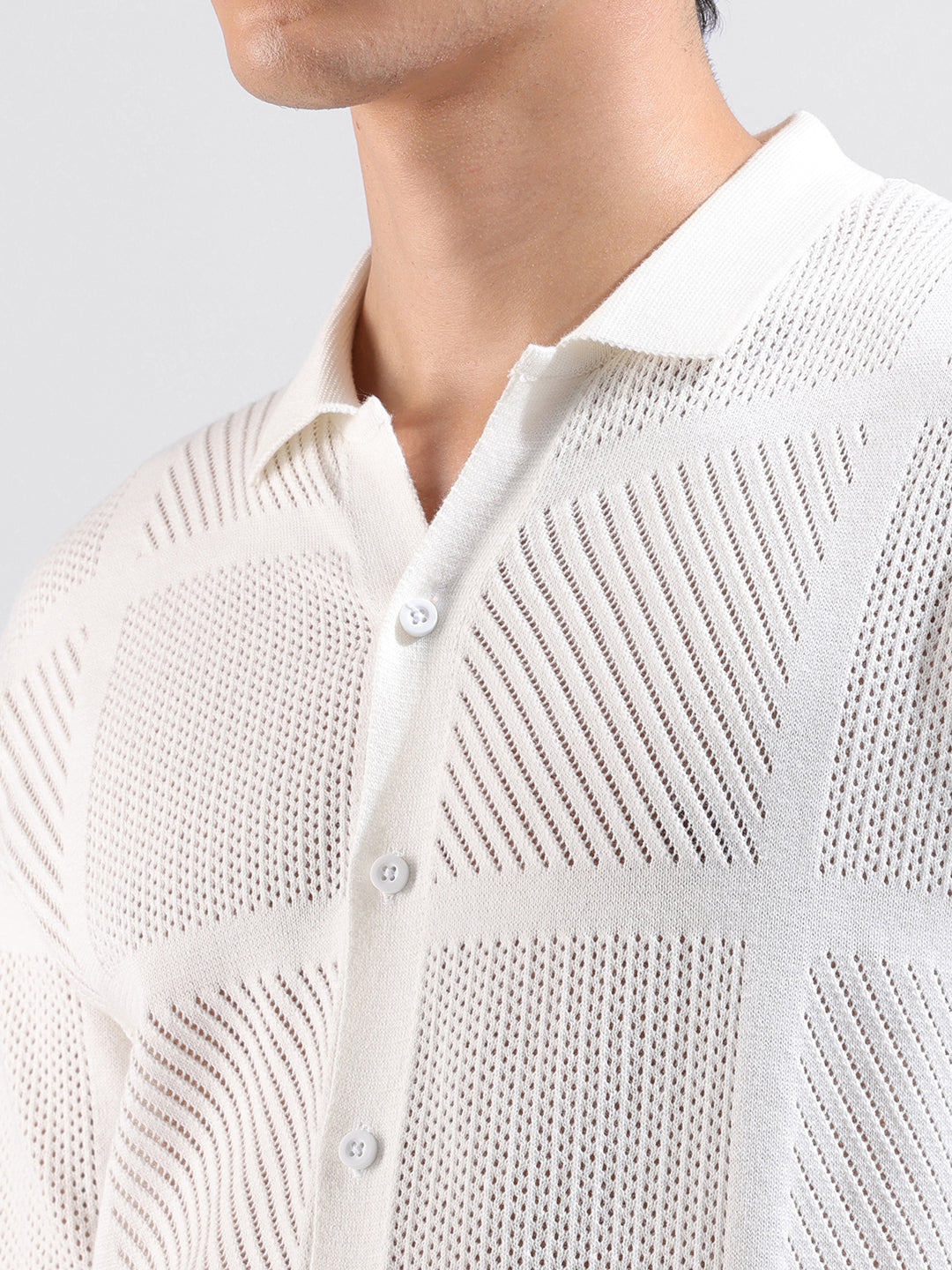 Men's White Slim Fit Textured Flat Knit Shirt