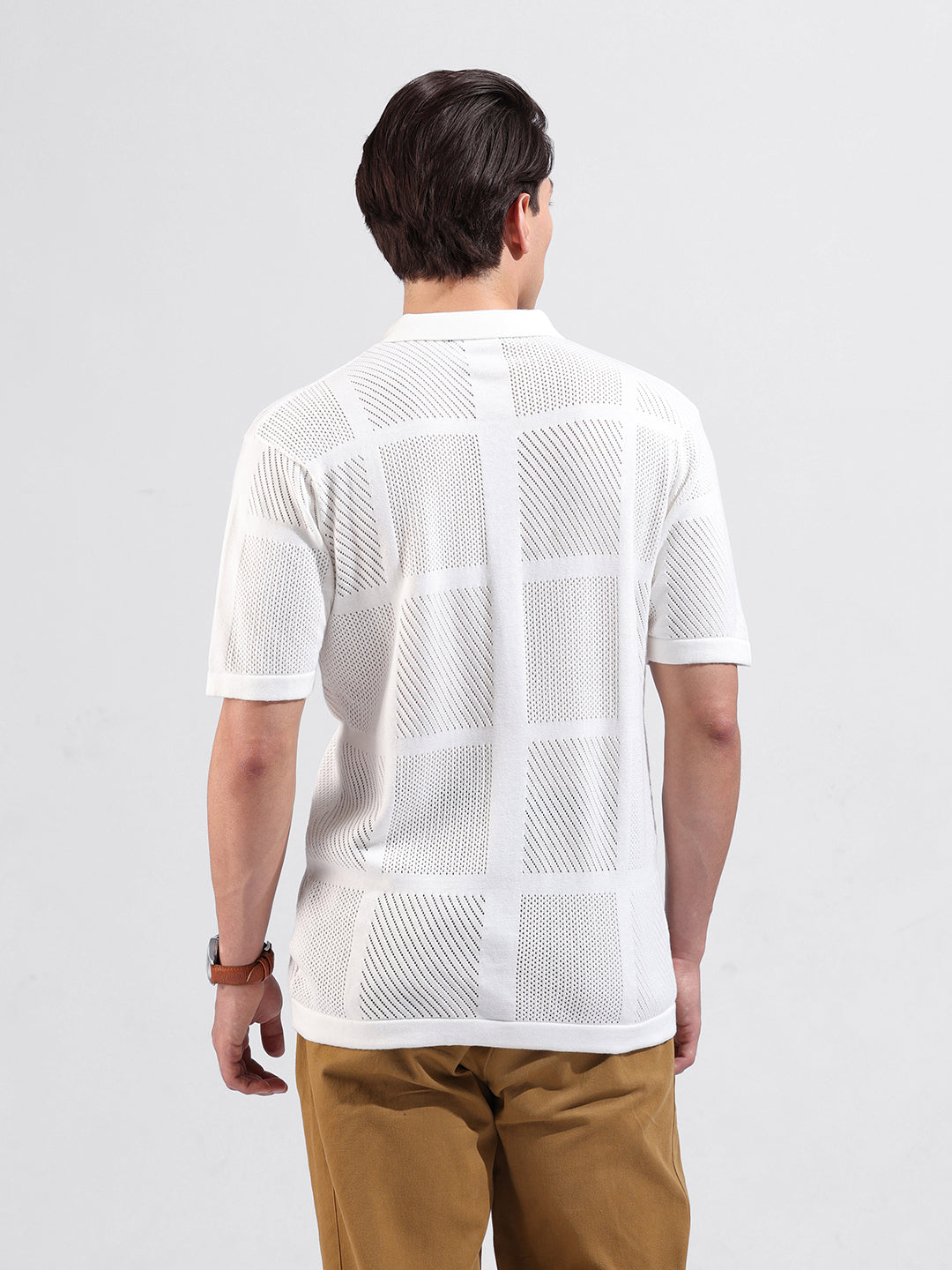 Men's White Slim Fit Textured Flat Knit Shirt