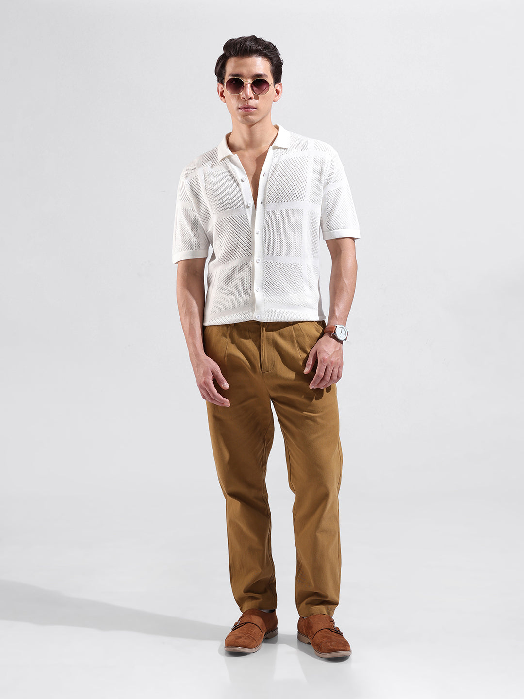 Men's White Slim Fit Textured Flat Knit Shirt