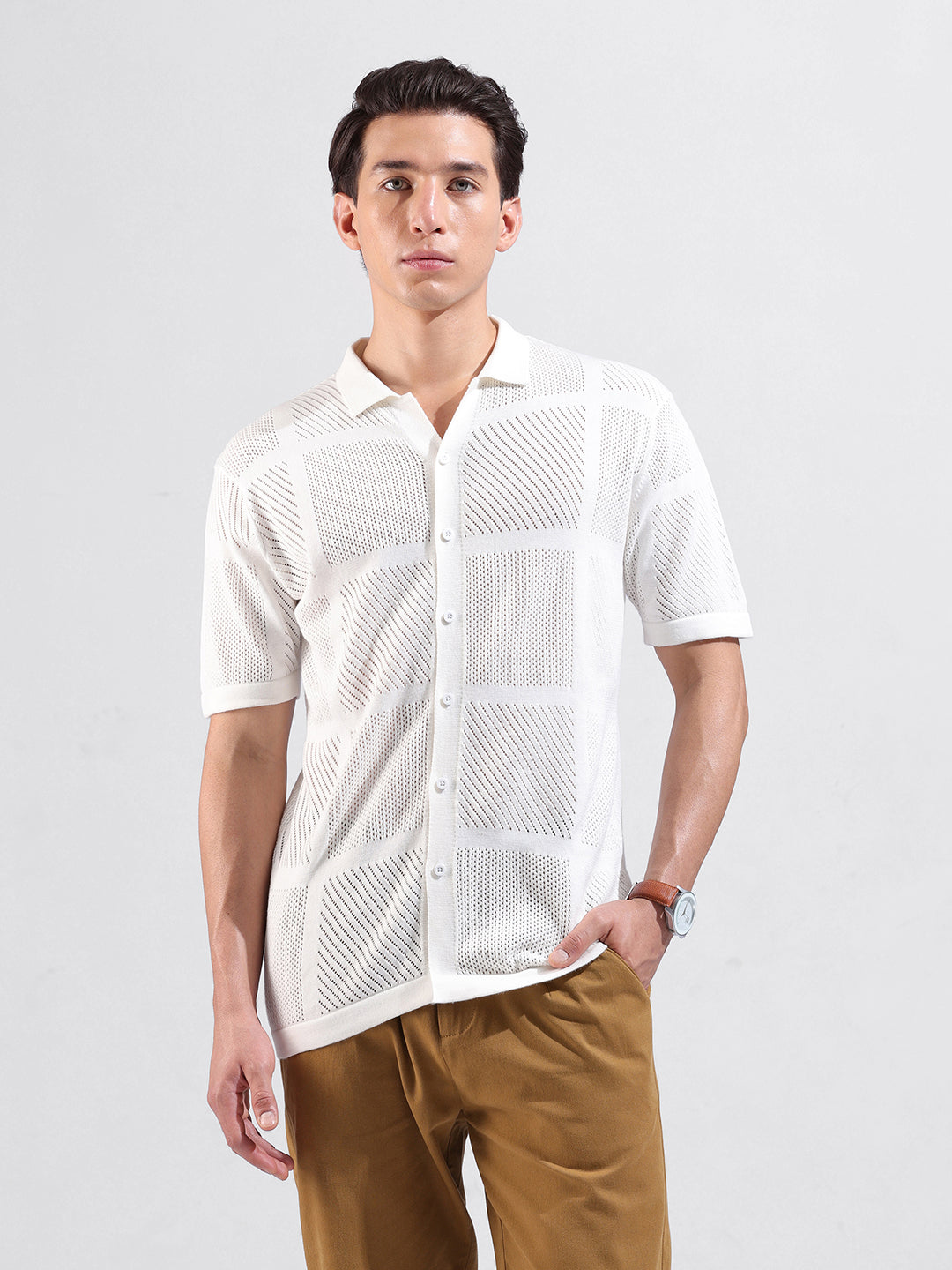 Men's White Slim Fit Textured Flat Knit Shirt