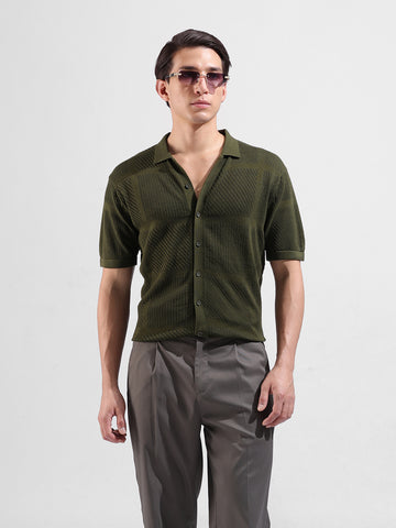 Men's Green Slim Fit Textured Flat Knit Shirt
