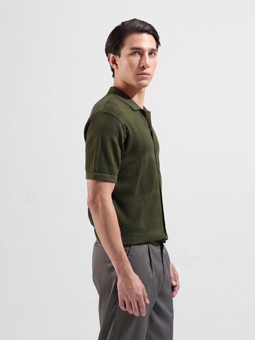 Men's Green Slim Fit Textured Flat Knit Shirt
