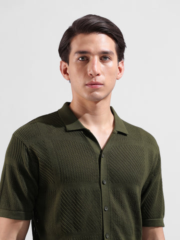 Men's Green Slim Fit Textured Flat Knit Shirt