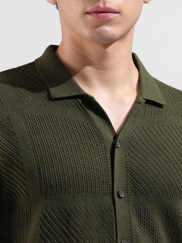 Men's Green Slim Fit Textured Flat Knit Shirt