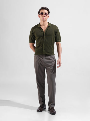 Men's Green Slim Fit Textured Flat Knit Shirt