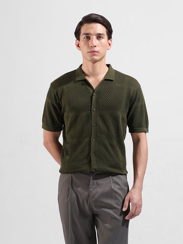 Men's Green Slim Fit Textured Flat Knit Shirt