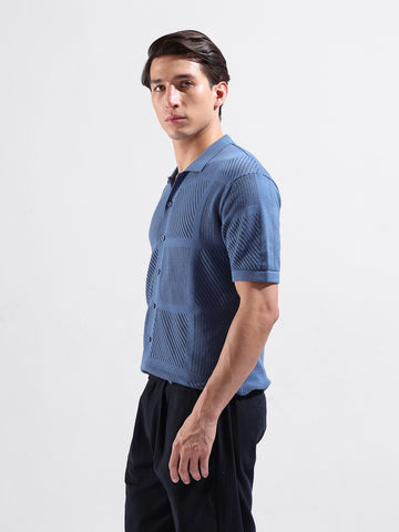 Men's Blue Slim Fit Textured Flat Knit Shirt