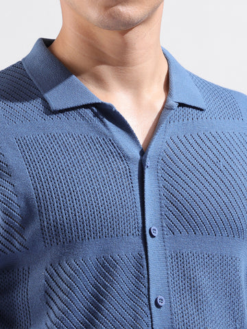 Men's Blue Slim Fit Textured Flat Knit Shirt