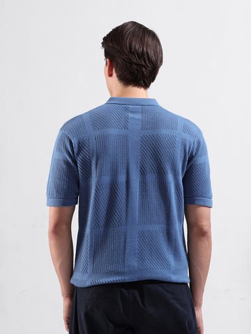 Men's Blue Slim Fit Textured Flat Knit Shirt