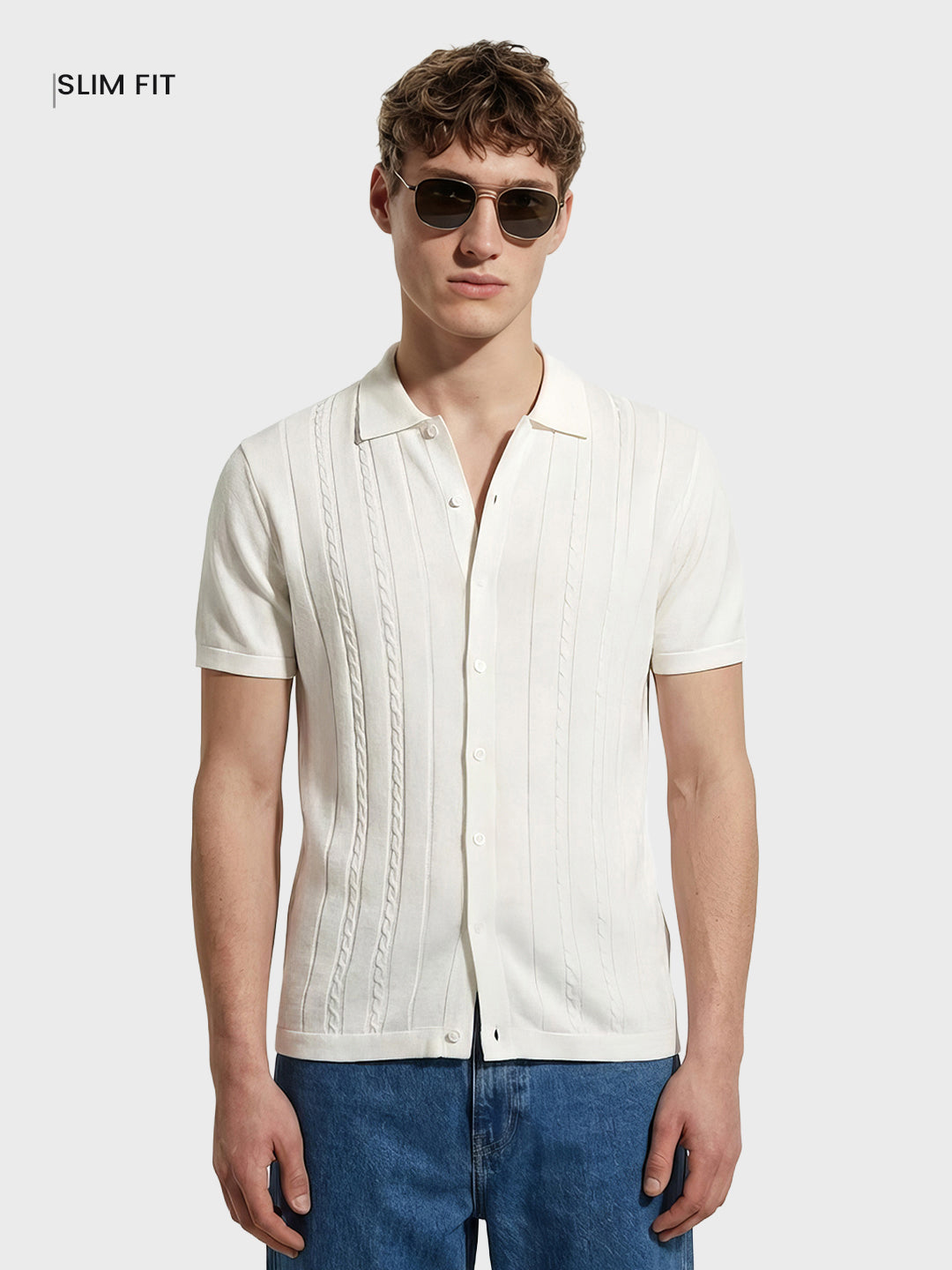 Men's White Slim Fit Solid Flat Knit Shirt